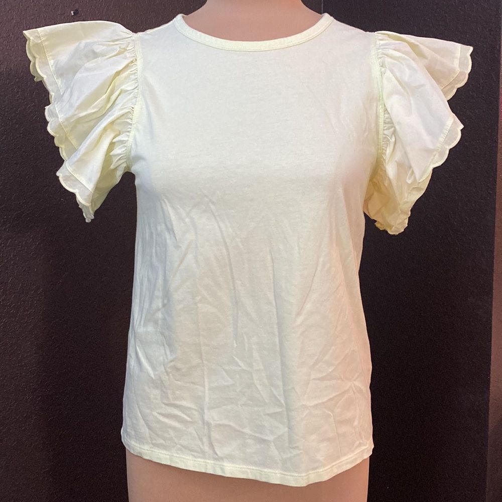 Express soft yellow ruffle puffed sleeve cotton and knit blouse top
